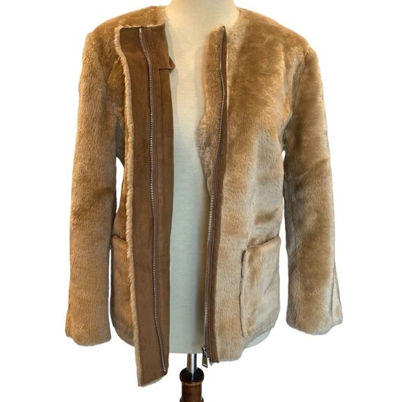 LOFT Faux Fur Cream Front Zip Long Sleeve Jacket Women's S - Picture 5 of 8